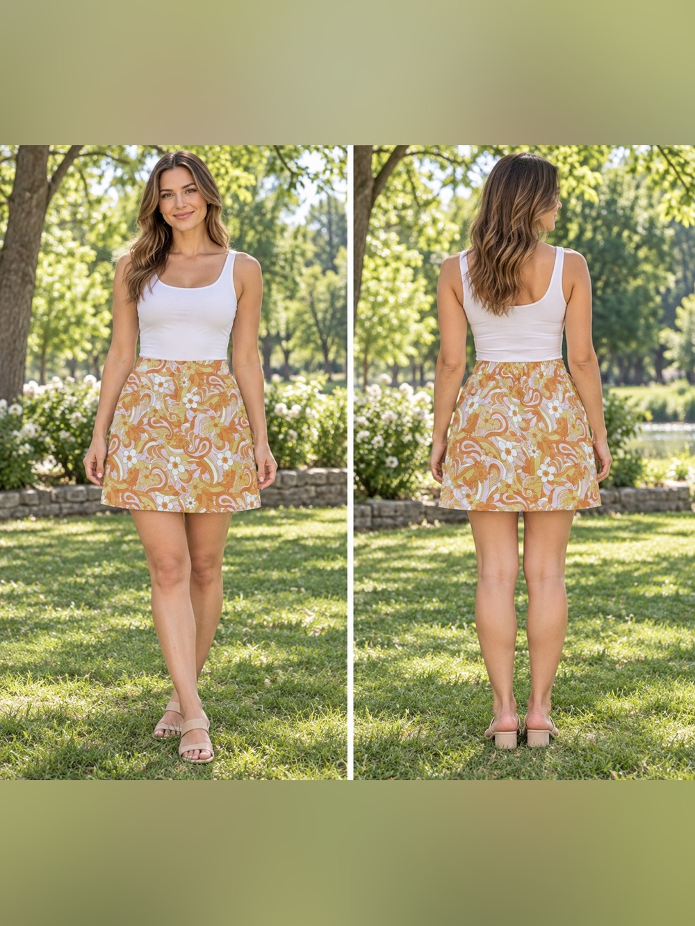 Hollister Ultra High Rise Floral Mini Skirt Orange Retro A-Line Size L